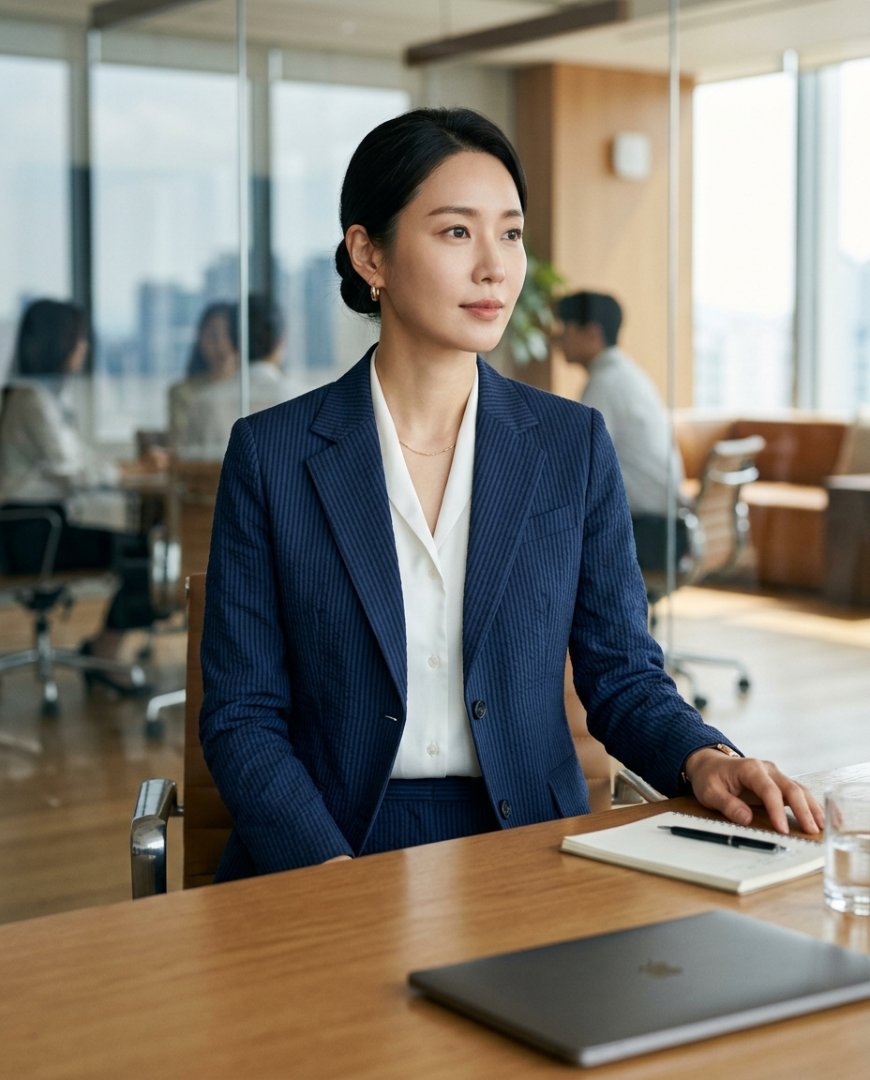 여성이 비즈니스 캐주얼 자켓을 착용한 모습