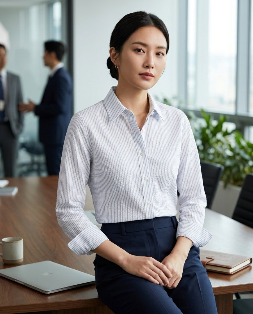 사무실에서 네이비 셔츠와 베이지 슬랙스를 입은 여성