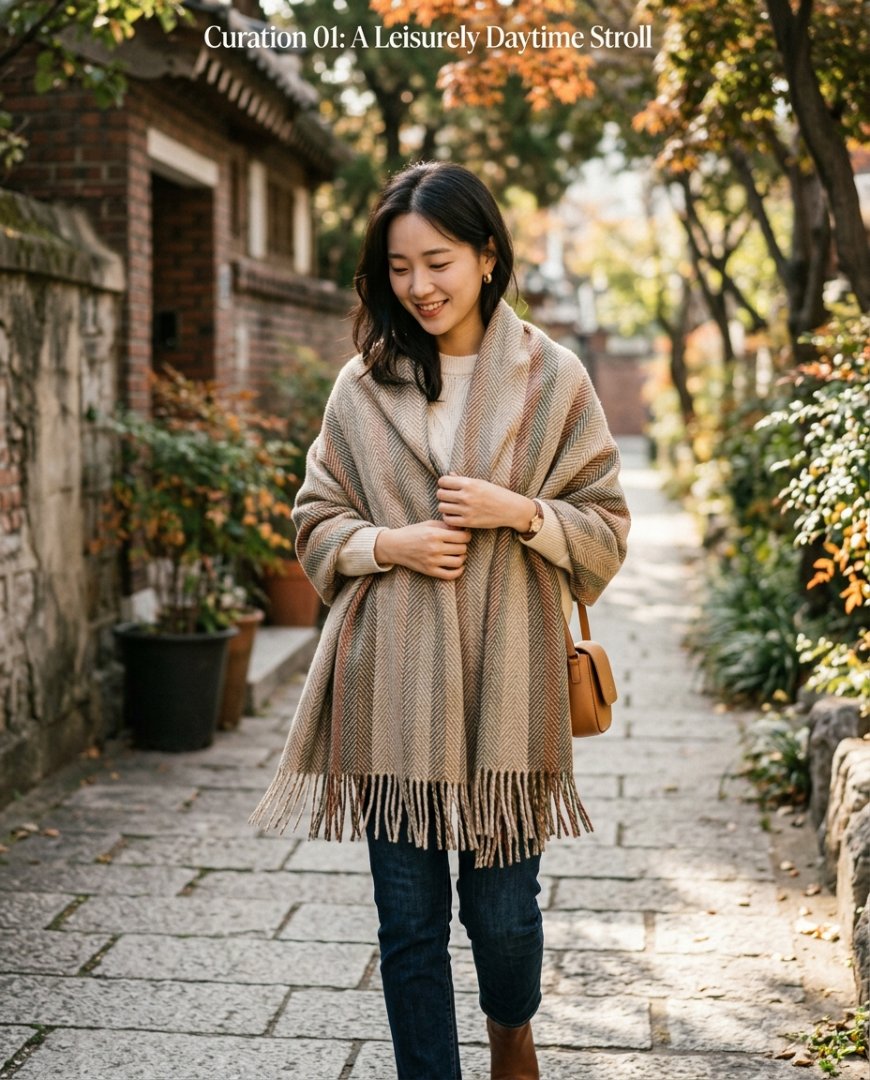 공원에서 캐주얼한 옷차림에 숄을 걸친 모습