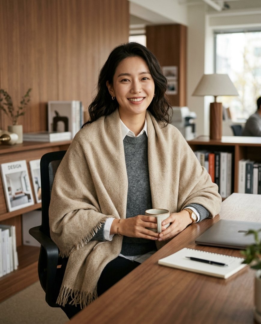 사무실에서 블라우스와 숄을 걸친 모습