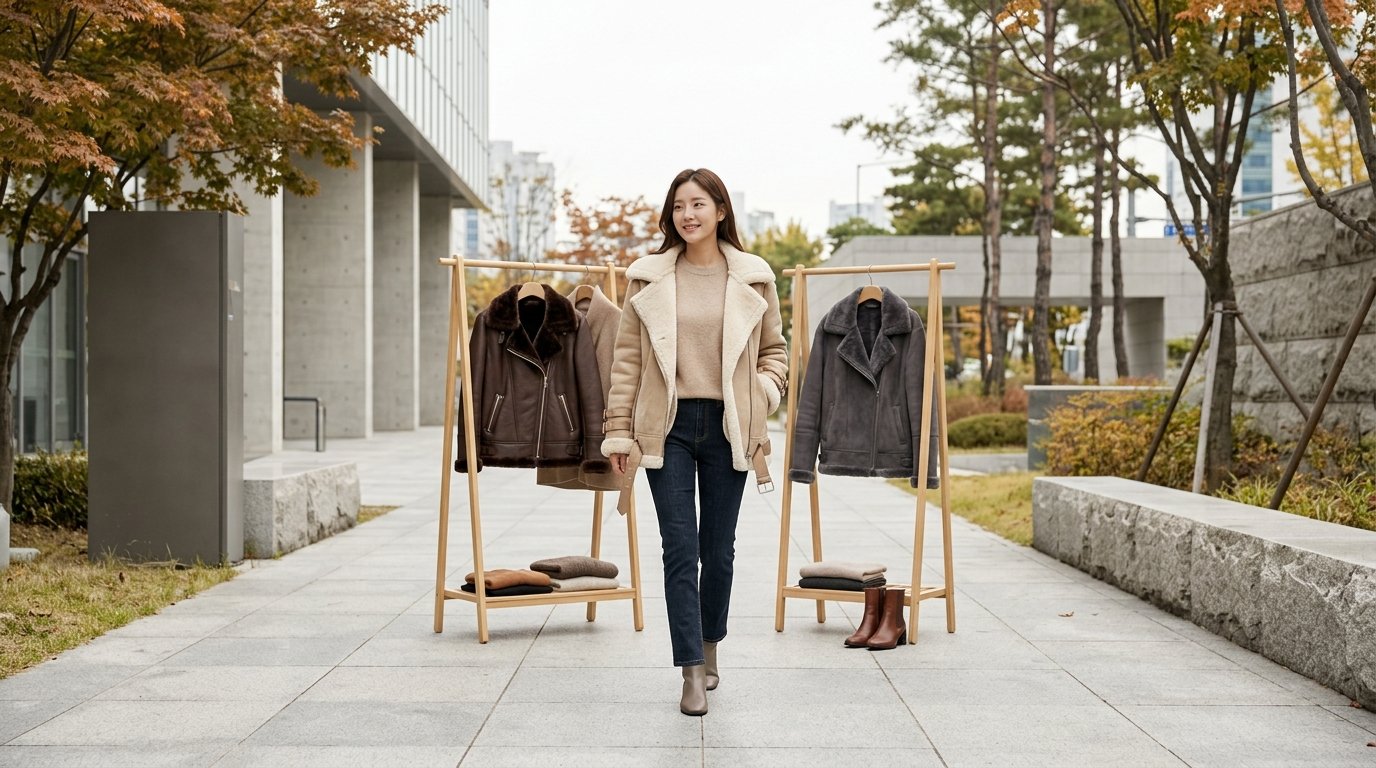 드레스룸에 다양한 색의 무스탕이 걸려 있는 모습