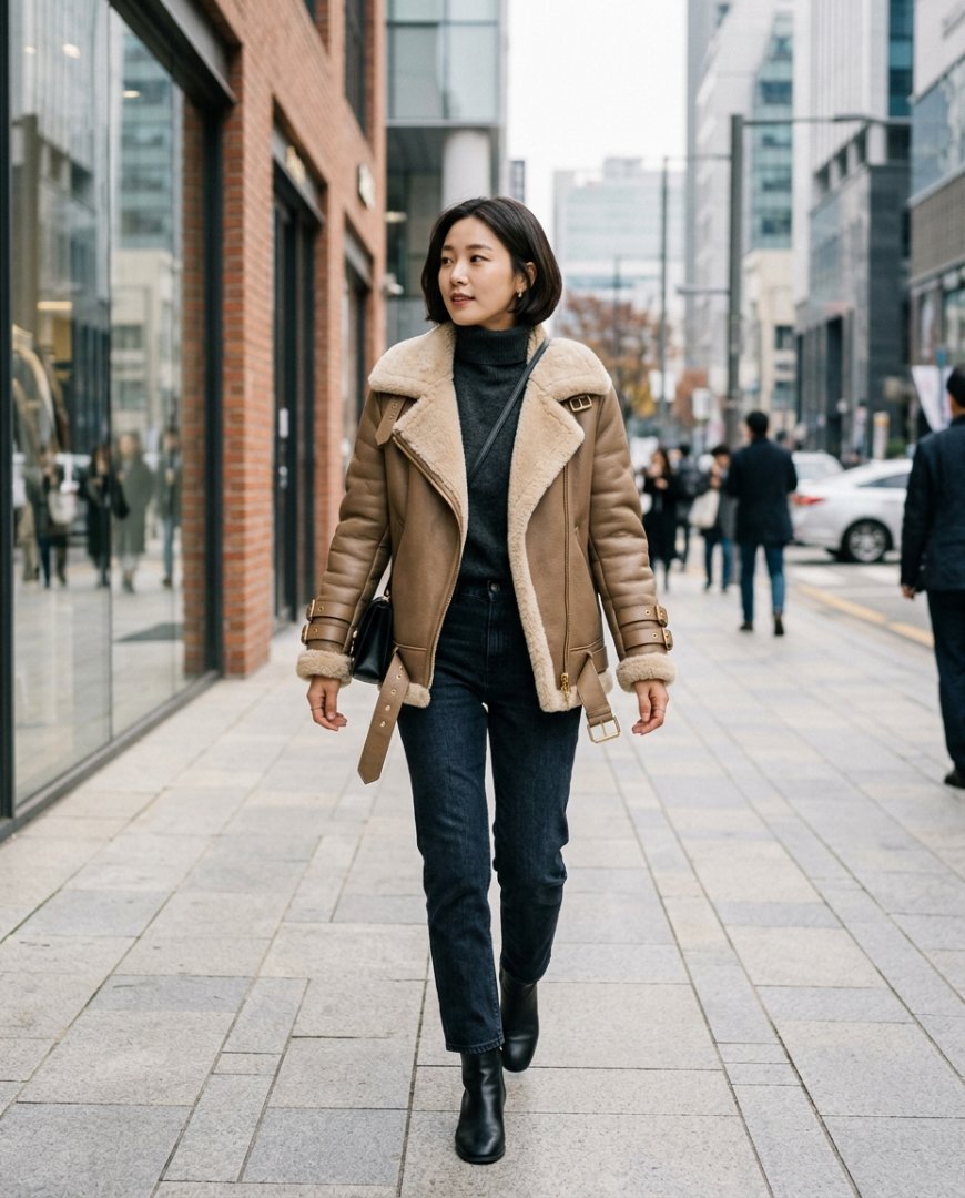 도시에서 무스탕을 입고 있는 여성