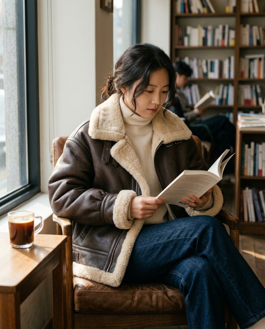 공원에서 무스탕과 데님을 입고 있는 모습