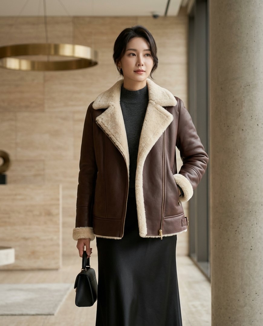 레스토랑에서 무스탕과 스커트를 입은 여성
