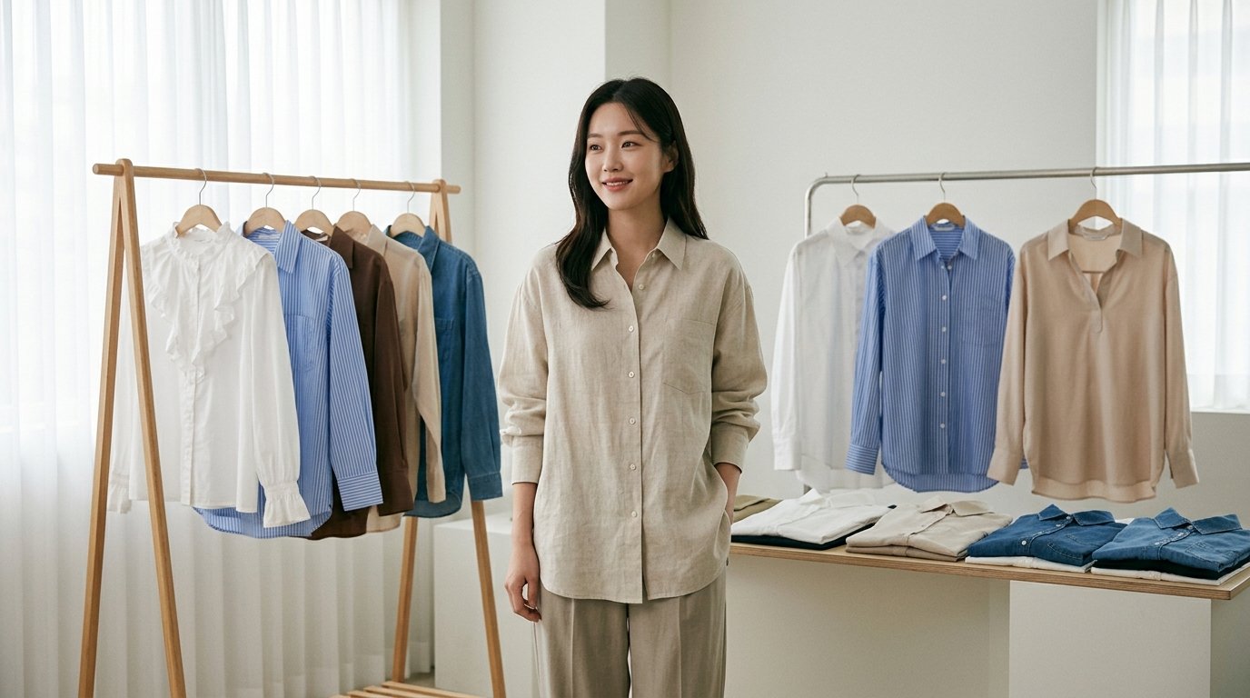 다양한 스타일의 여성 셔츠 진열 장면