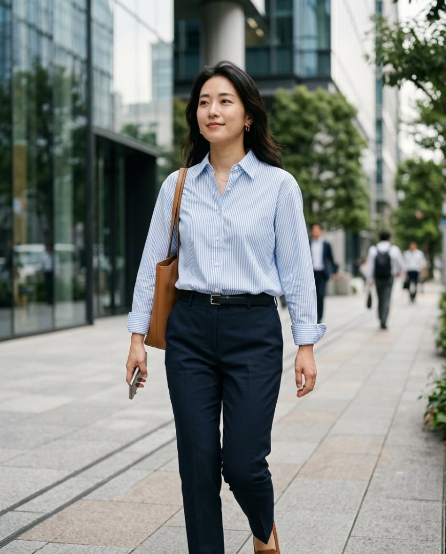 여성 비즈니스 셔츠와 슬랙스 착장