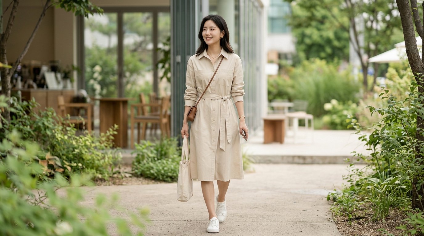 도심 배경의 여성 셔츠원피스 착장