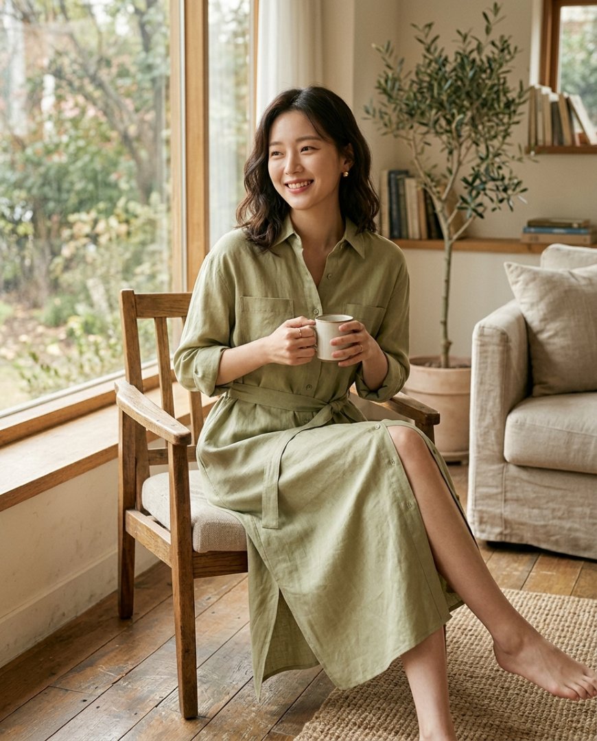 도심 근교에서 즐기는 린넨 셔츠원피스 차림의 여성