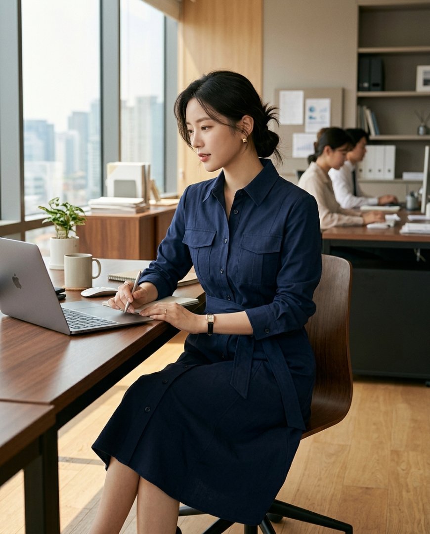 세련된 오피스룩을 연출한 네이비 셔츠원피스 차림의 여성