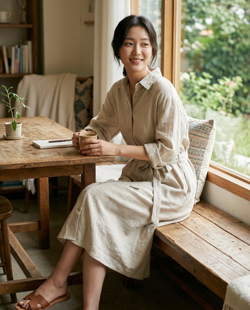 공원에서 느긋한 브라운 셔츠원피스 차림의 여성