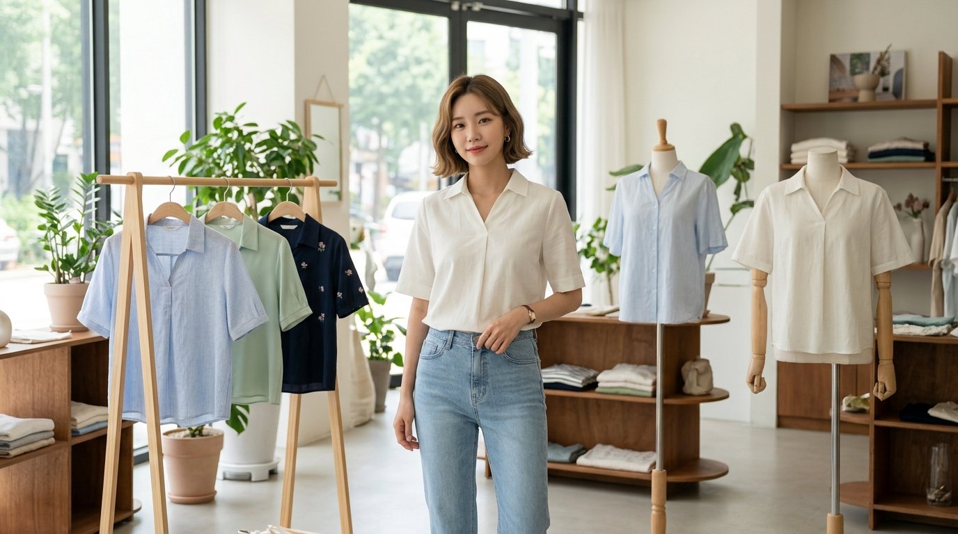 여성 반팔 블라우스와 스커트 차림의 인물, 야외에서 찍음