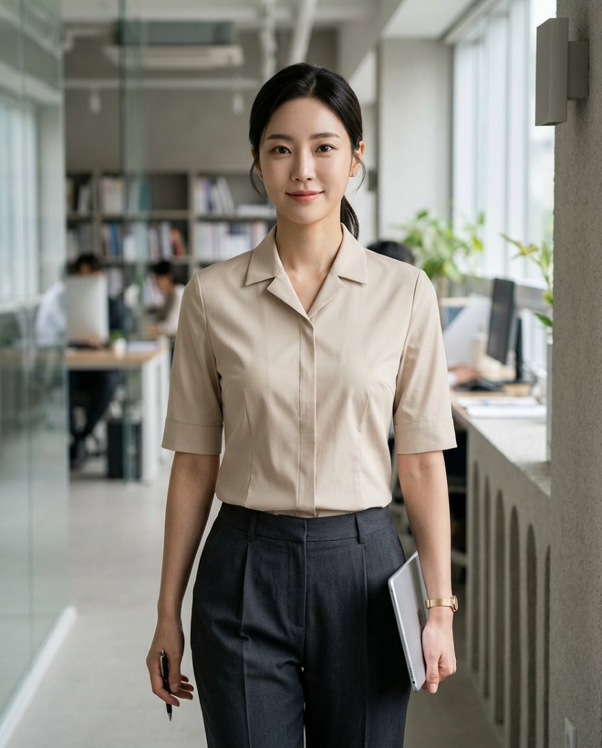 사무실에서 반팔 블라우스를 입은 여성의 실내 모습