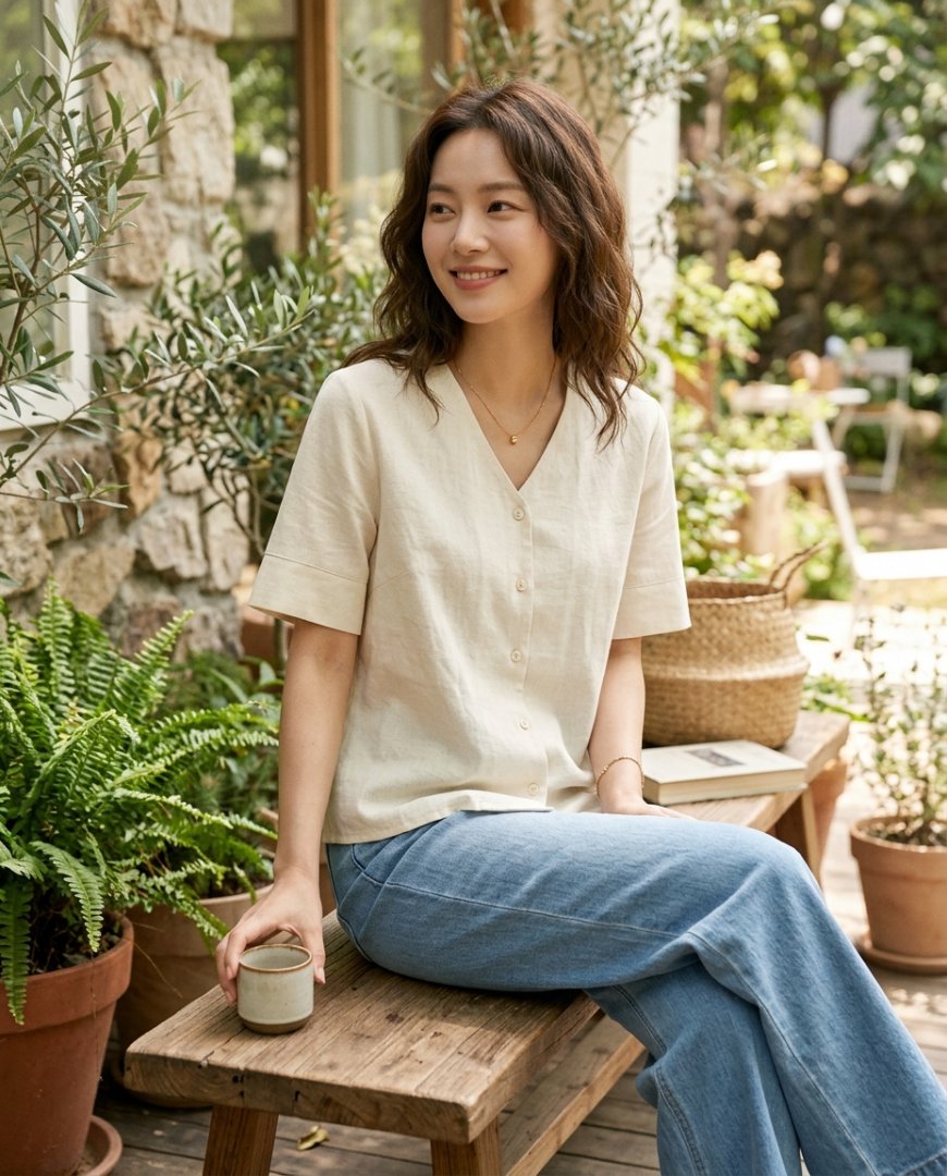 야외 카페에서 반팔 블라우스와 청바지를 입은 여성