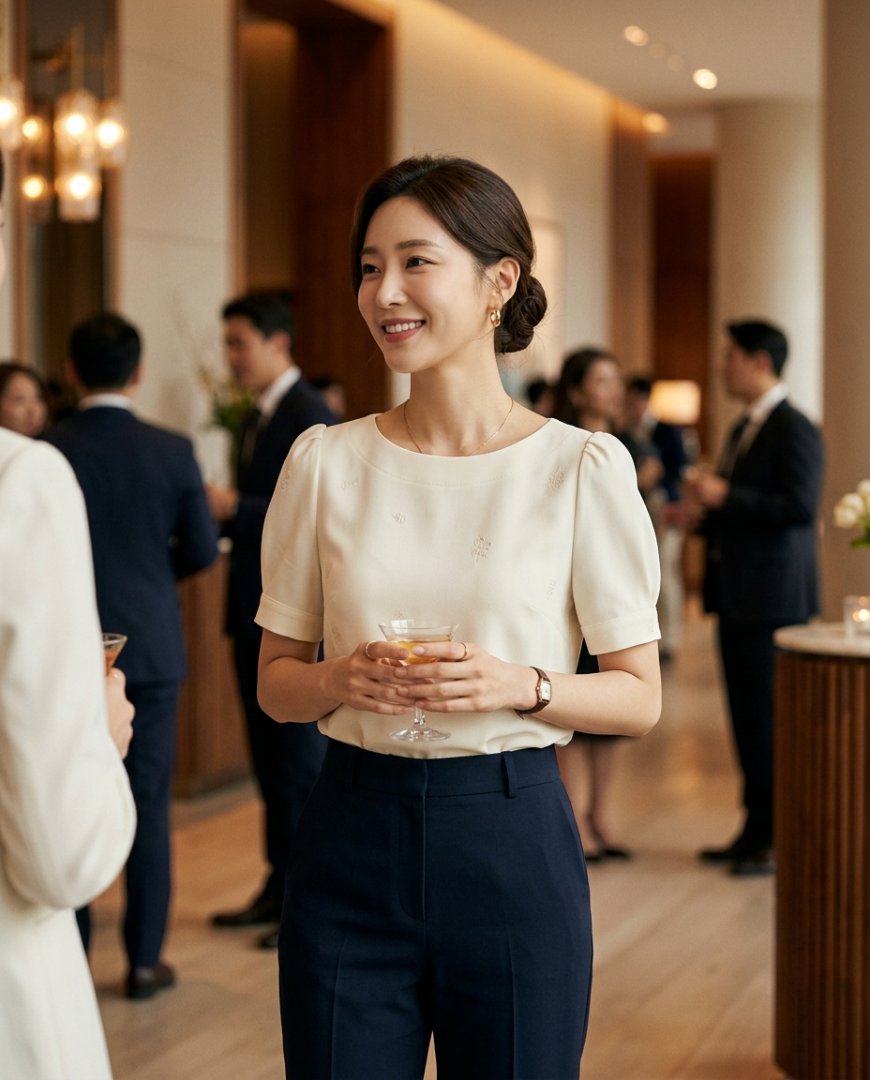 포멀한 반팔 블라우스를 입고 실내에서 포즈를 취하는 여성