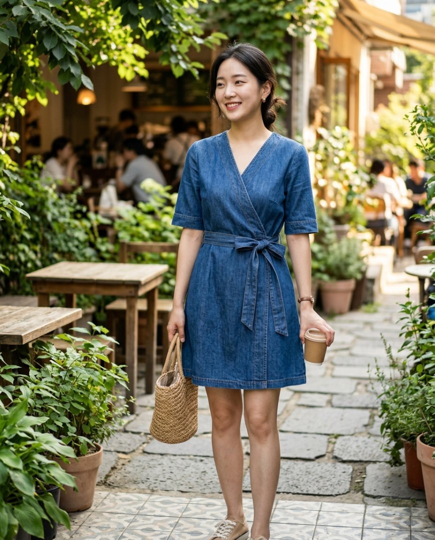 공원에서 네이비 반팔원피스를 입고 있는 여성