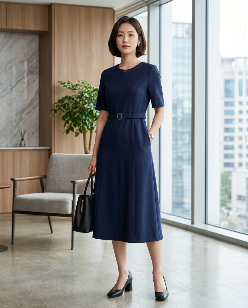 오피스 로비에서 네이비 원피스를 입고 있는 여성