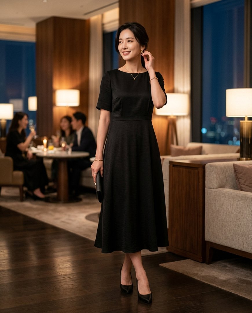 레스토랑에서 블랙 반팔원피스를 입고 있는 여성