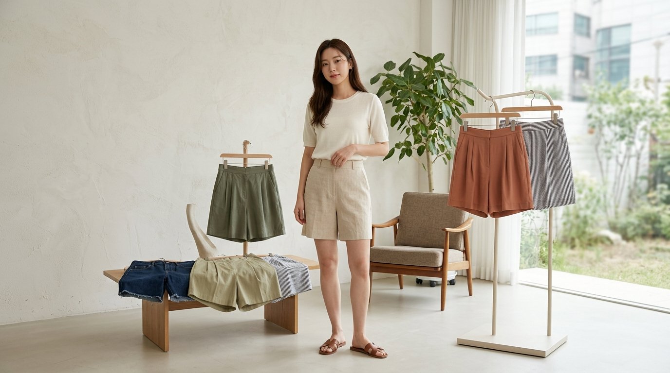 여러 여성들이 공원에서 다양한 스타일의 반바지를 착용하는 모습