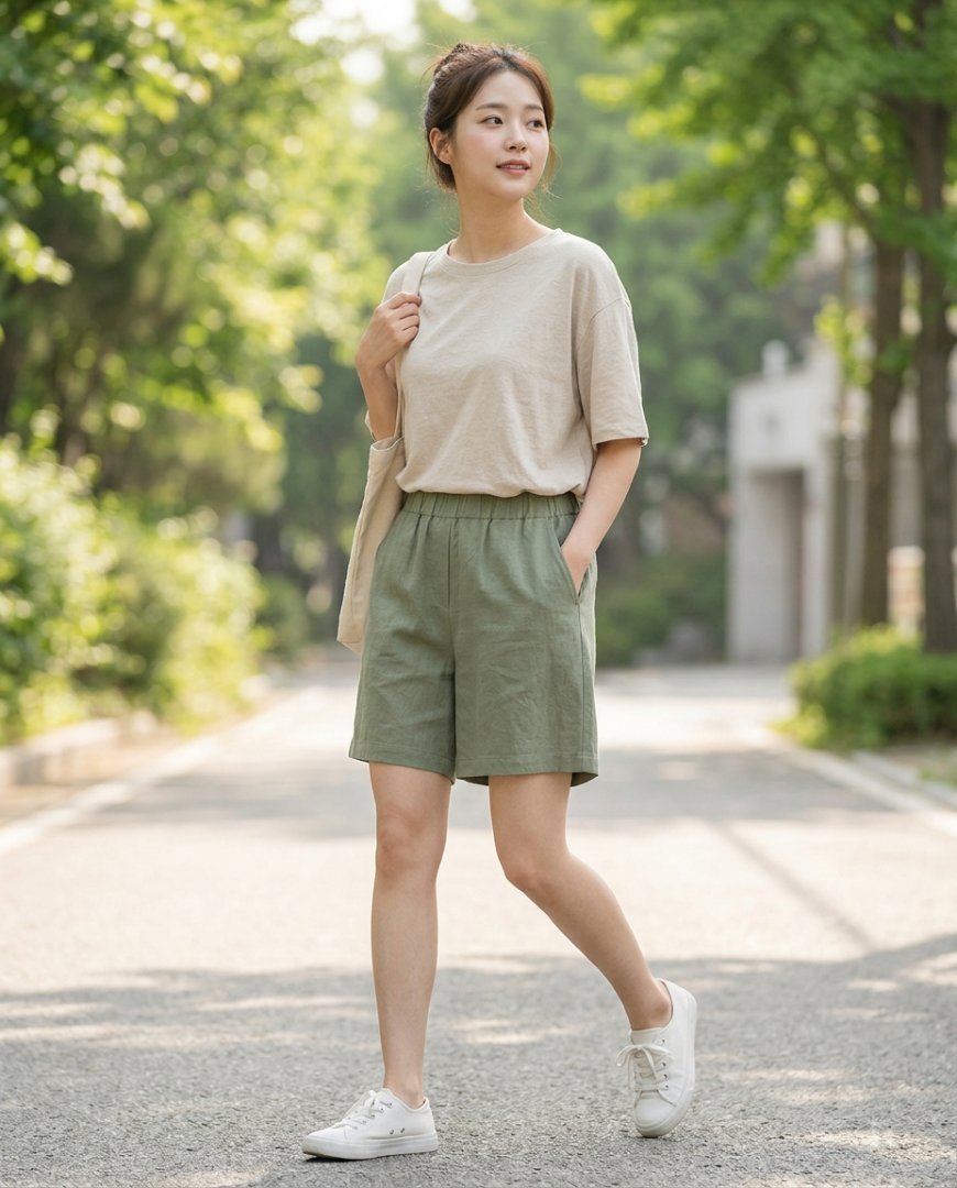 캐주얼한 산책 코디를 보여주는 장면