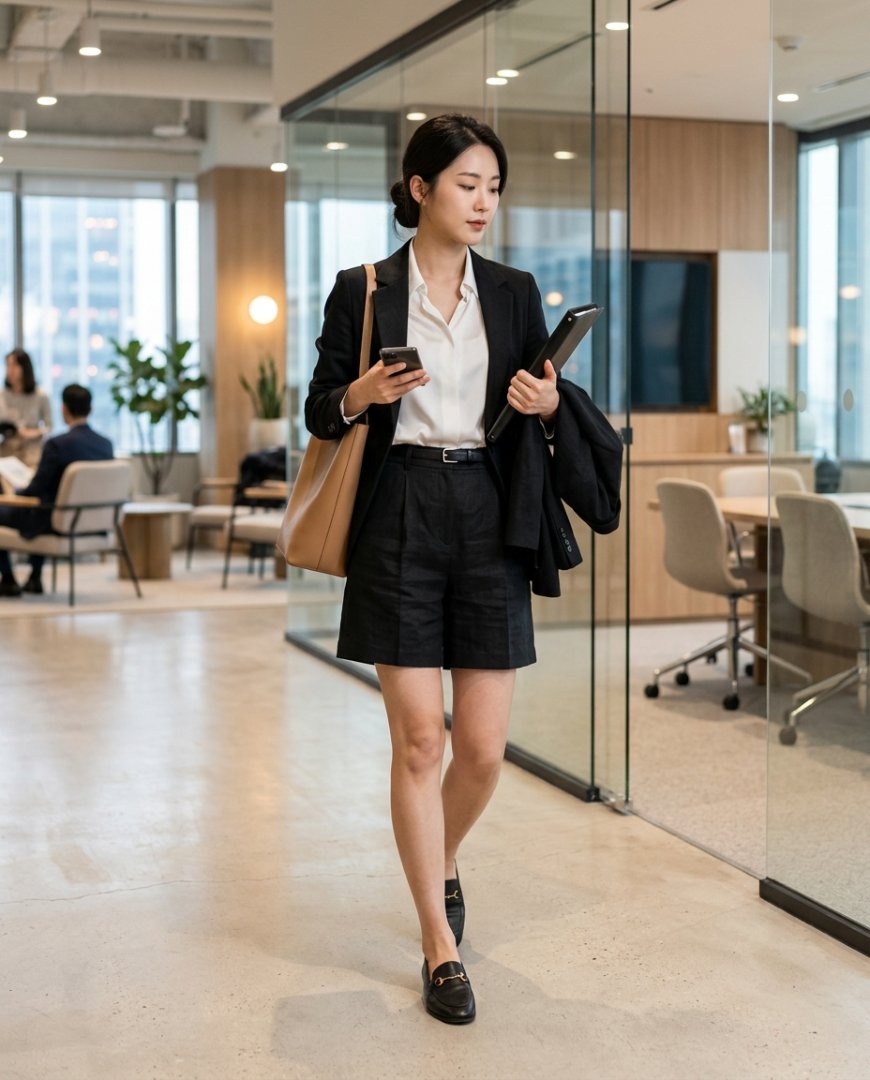 블랙 코튼 숏팬츠와 스트라이프 셔츠를 입은 모델