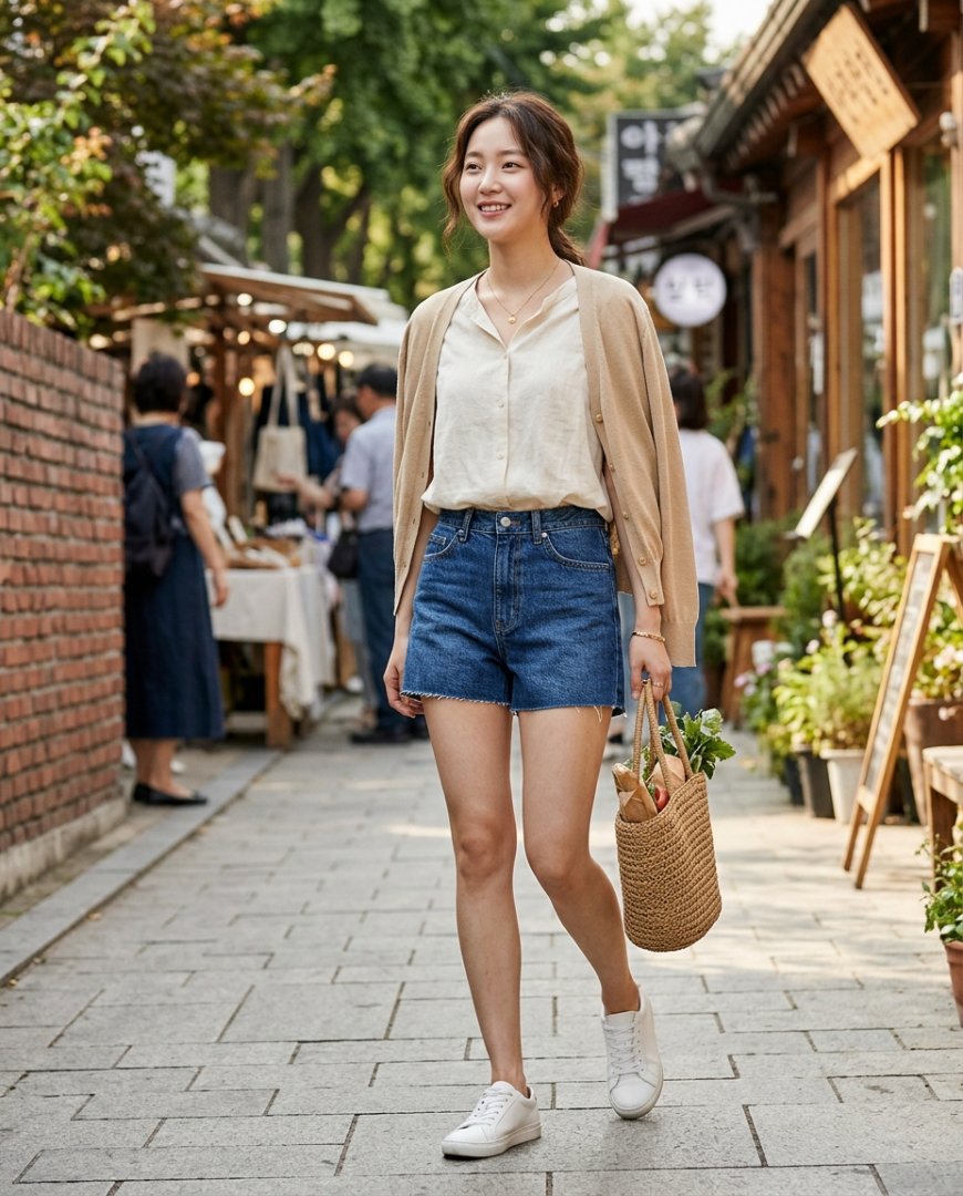 그린 린넨 혼방 숏팬츠와 티셔츠를 입은 모델