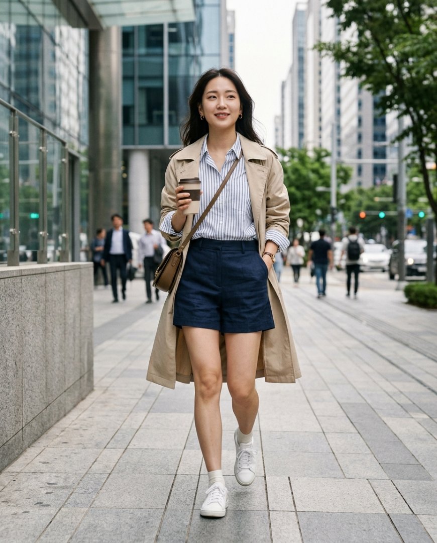 블루 숏팬츠와 스니커즈를 신은 도시적 스타일