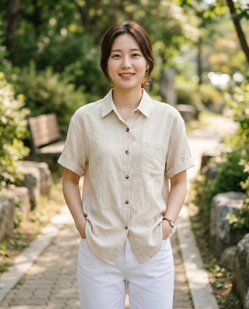 아이보리 셔츠와 청바지 착용 모습