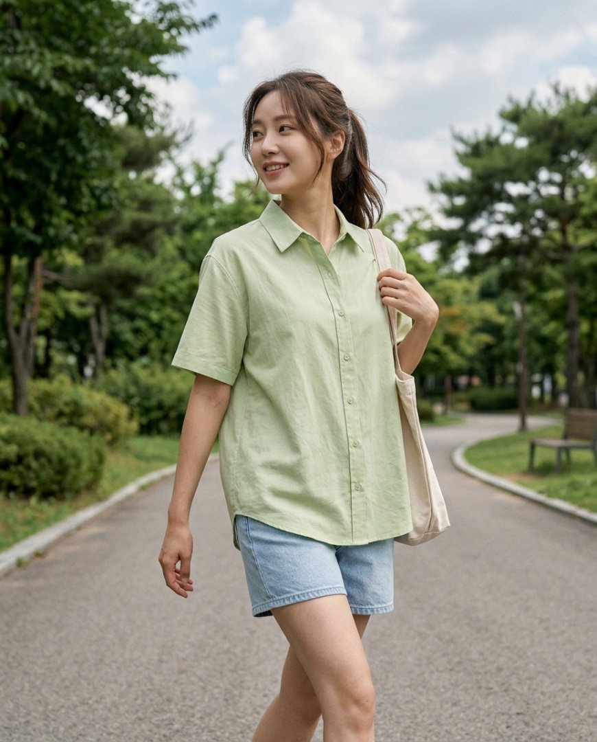 블루 셔츠와 트랙 팬츠 착용 모습