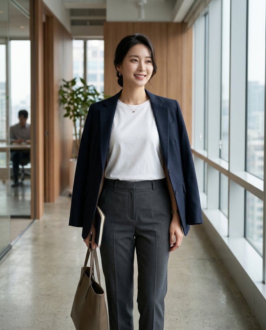 사무실에서 블랙 티셔츠, 블레이저, 슬랙스를 입은 여성
