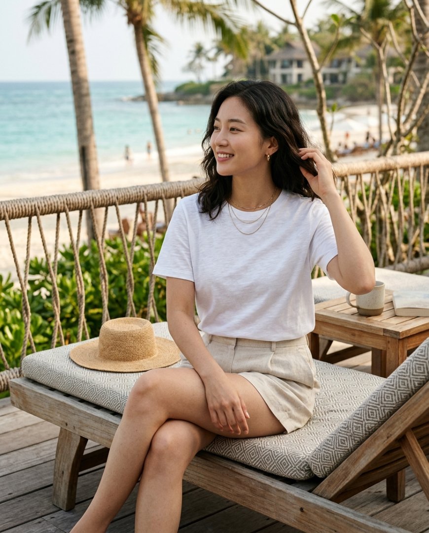 해변에서 린넨 티셔츠와 밀짚 모자를 쓴 여성