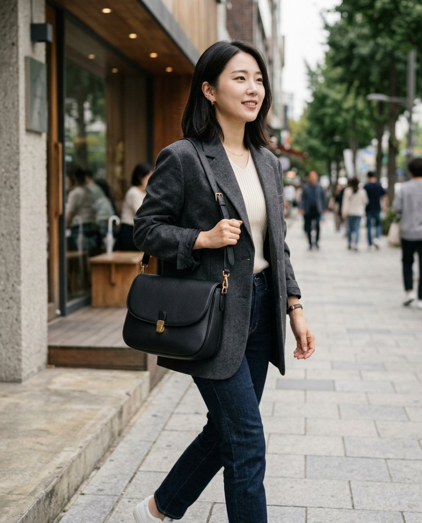 캐주얼 옷차림으로 숄더백 든 여성