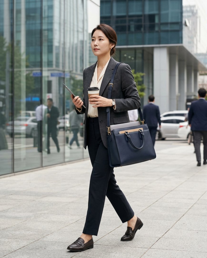 오피스에서 숄더백 든 비즈니스 여성
