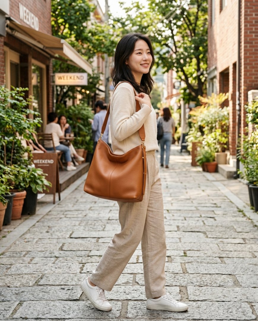 야외 공원에서 숄더백 맨 여성