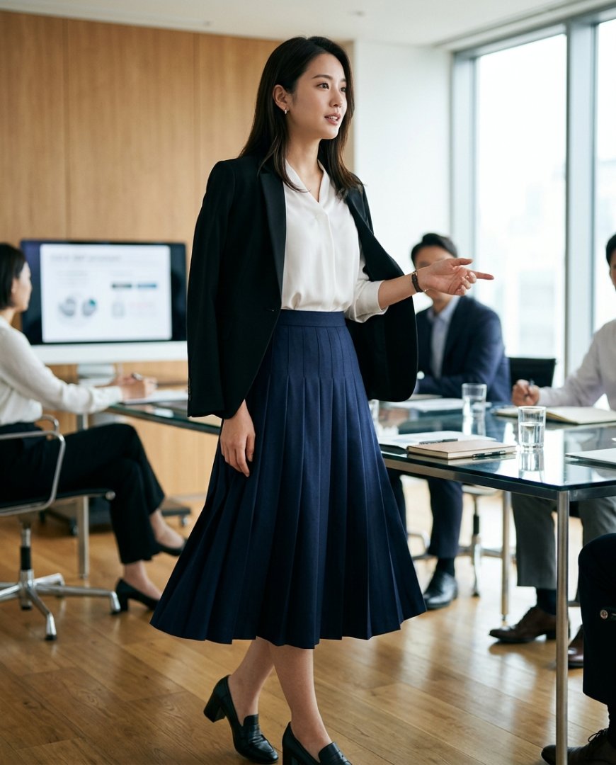 블랙 스커트와 셔츠를 입은 사람의 오피스룩