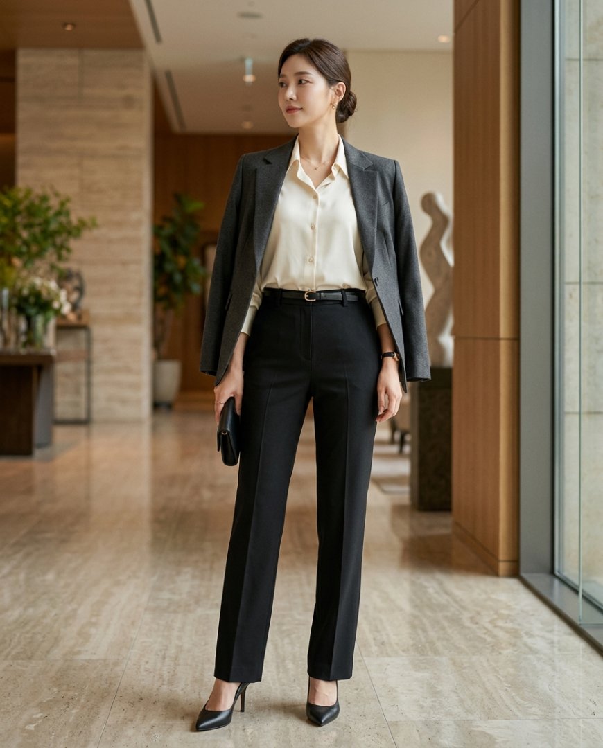 블랙 울 슬랙스와 블레이저를 착용한 여성 모델이 사무실에 서 있는 모습