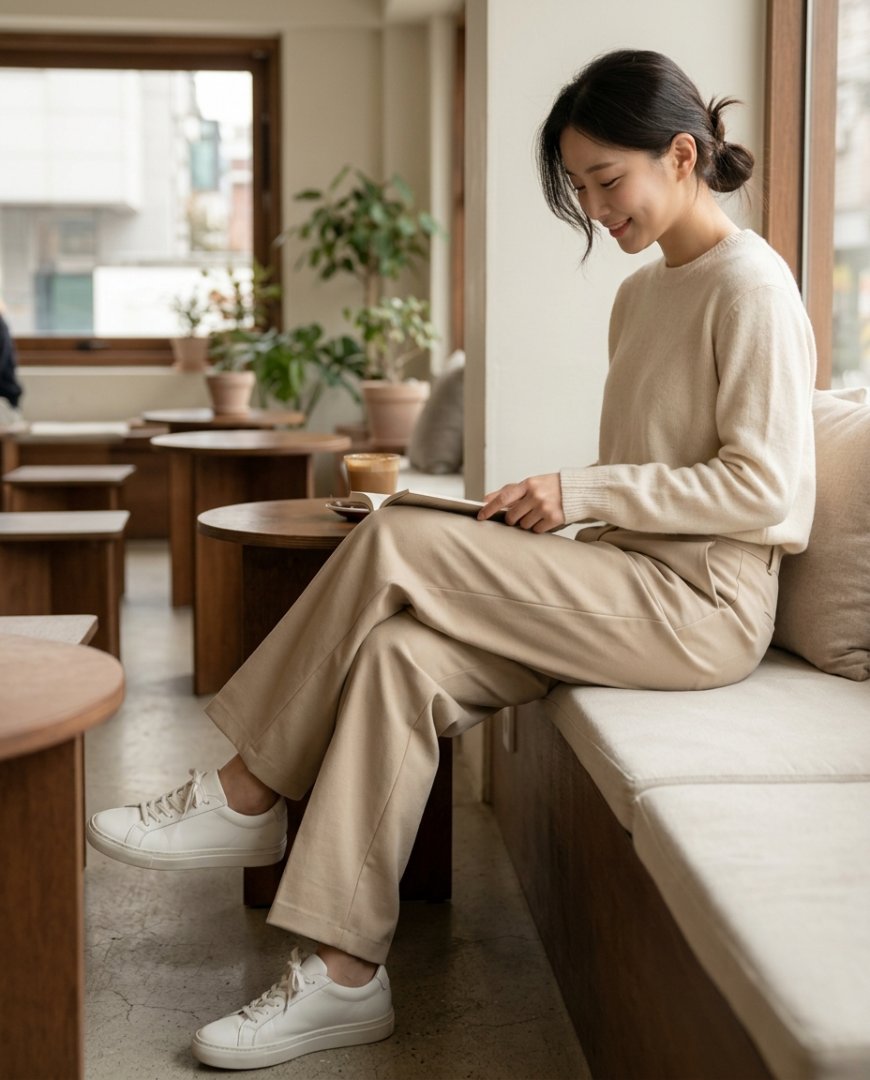 편안한 주말을 즐기는 모델이 린넨 슬랙스를 입고 소파에 앉아 있는 모습