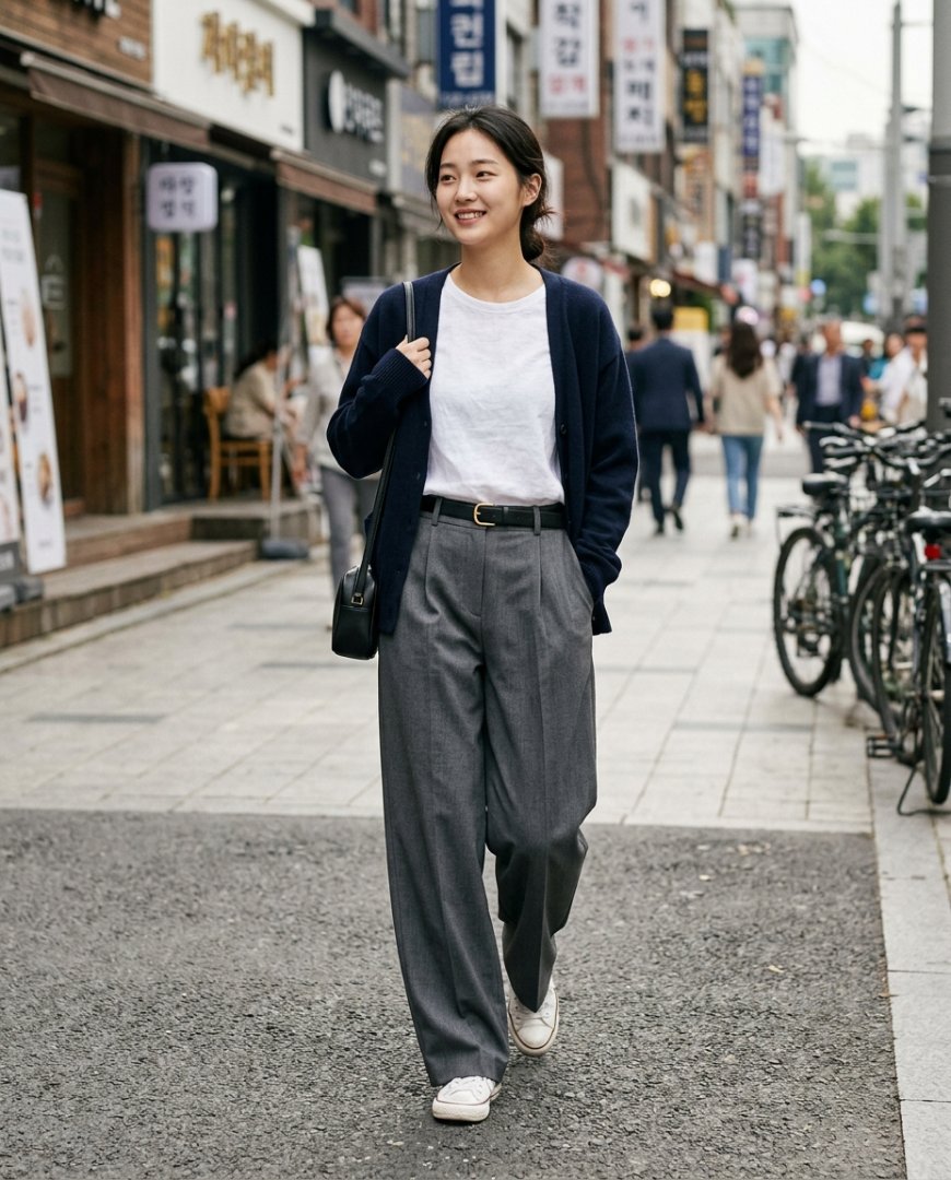카키 슬랙스를 티셔츠와 함께 착용한 모델이 도시 거리에서 걷고 있는 모습