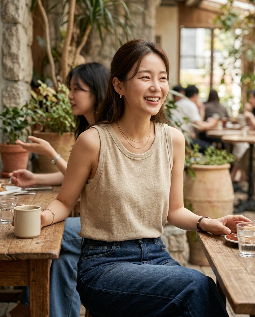 노란 슬리브리스 블라우스와 청바지의 상의 조합