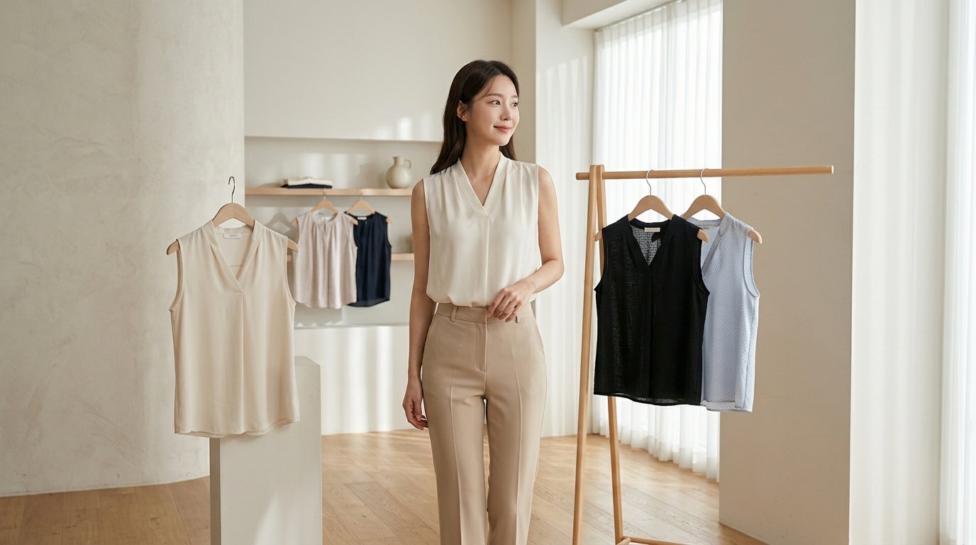 여름 느낌의 카페에서 민소매 블라우스를 입은 여성들이 교류하는 모습