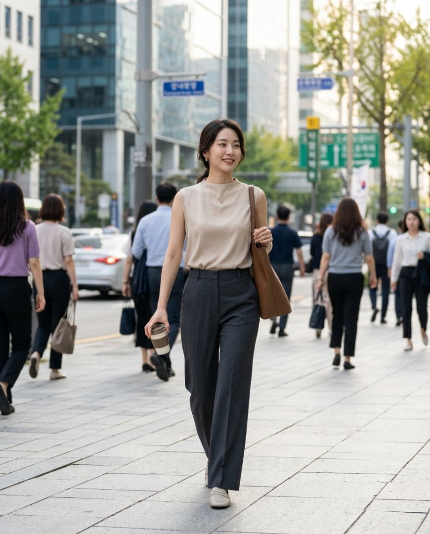 현대적인 사무실에서 민소매 블라우스를 입고 서 있는 여성