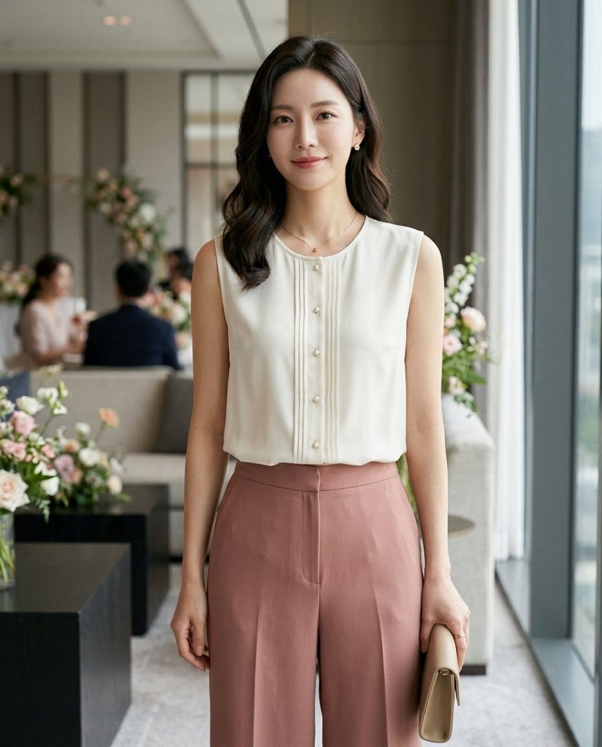 실내 행사장에 하객용 민소매 블라우스를 입은 여성