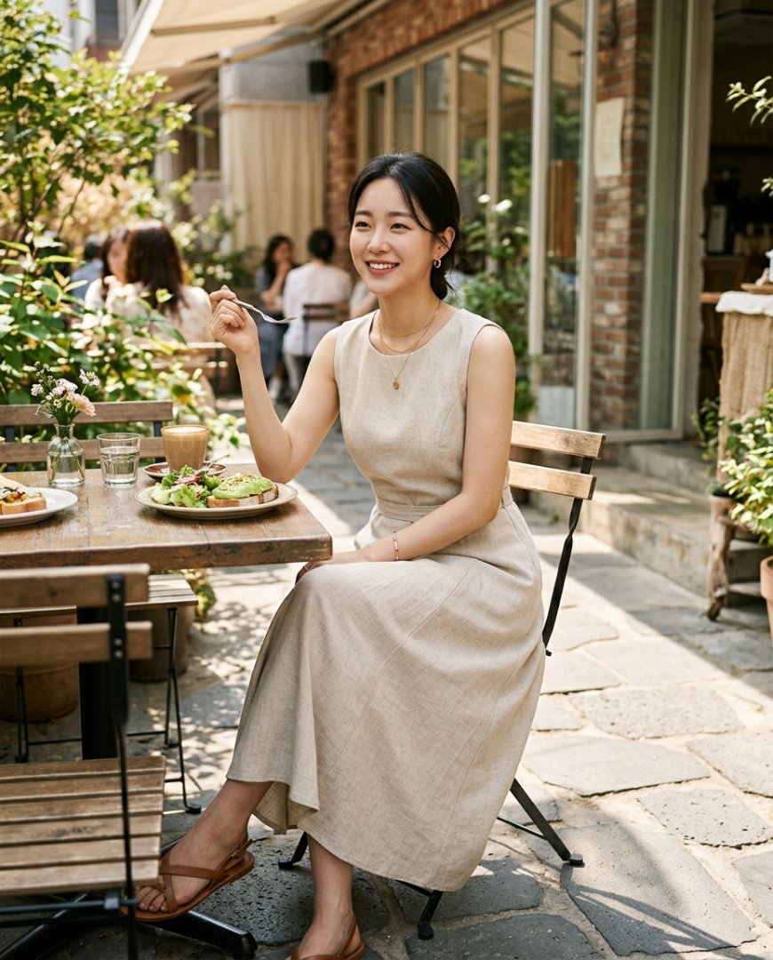 카페에서 민소매원피스를 입고 있는 여성