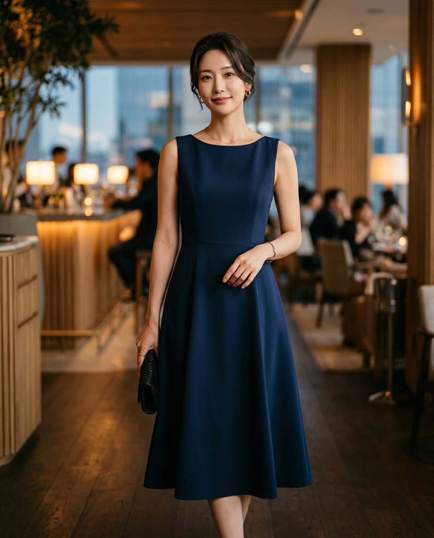 조명이 어두운 레스토랑에서 민소매원피스를 입고 있는 여성
