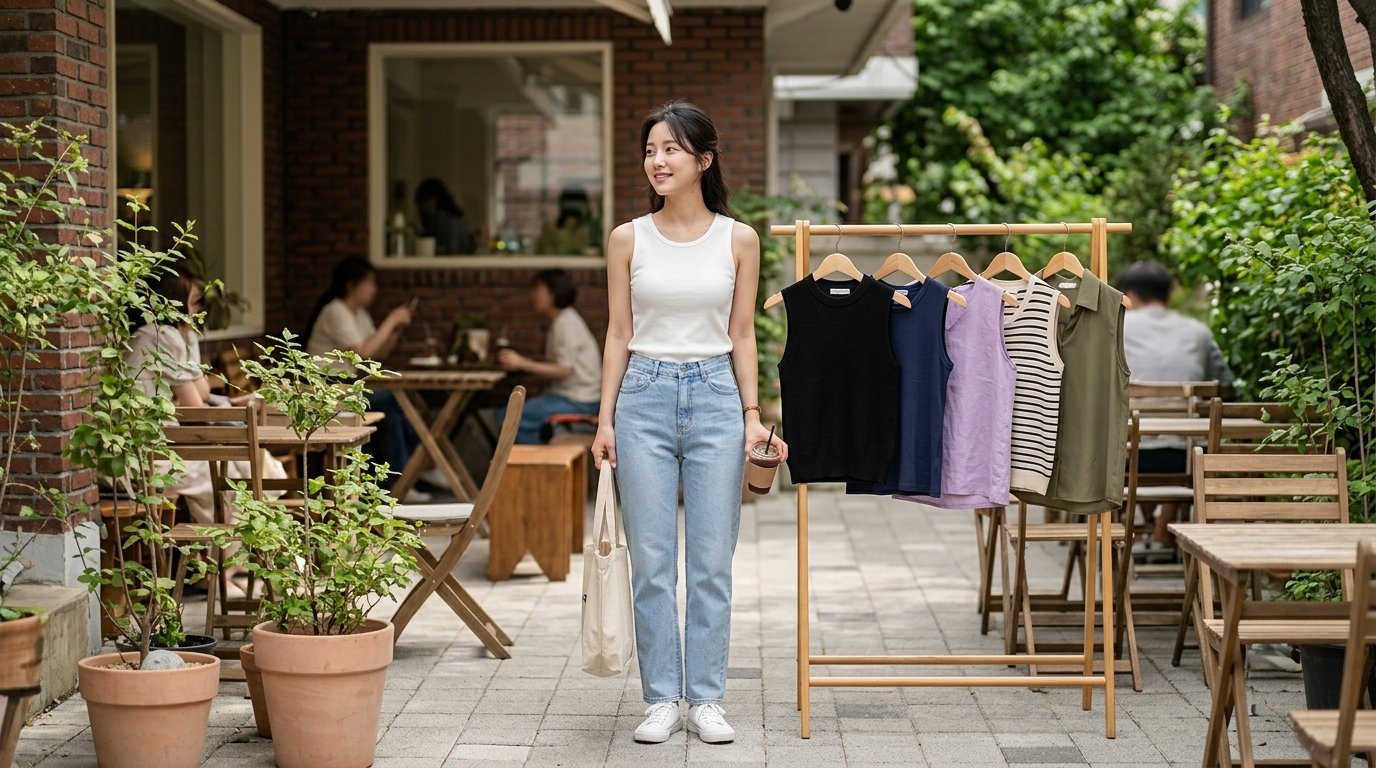 여성 모델들이 테라스에서 각각 다양한 스타일의 민소매 티셔츠를 입고 있는 모습