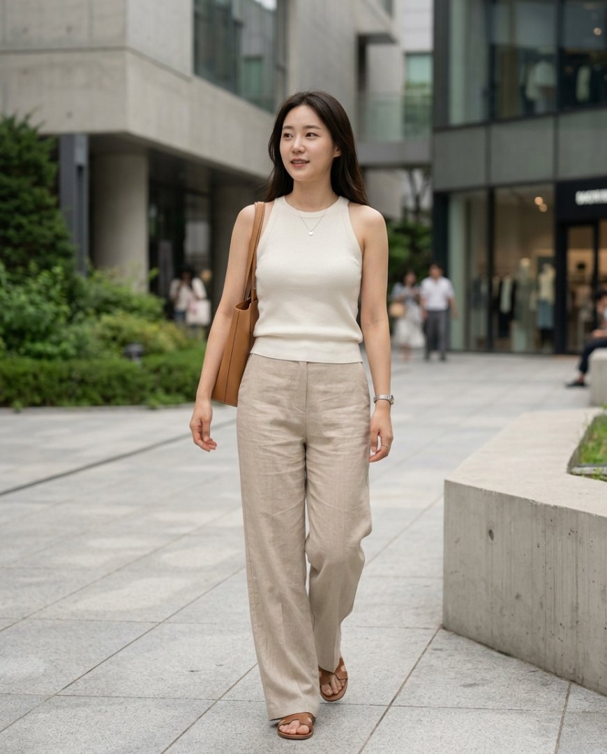 도시 거리에서 민소매 티셔츠와 블랙 슬랙스를 입고 포즈를 취하는 여성 모델