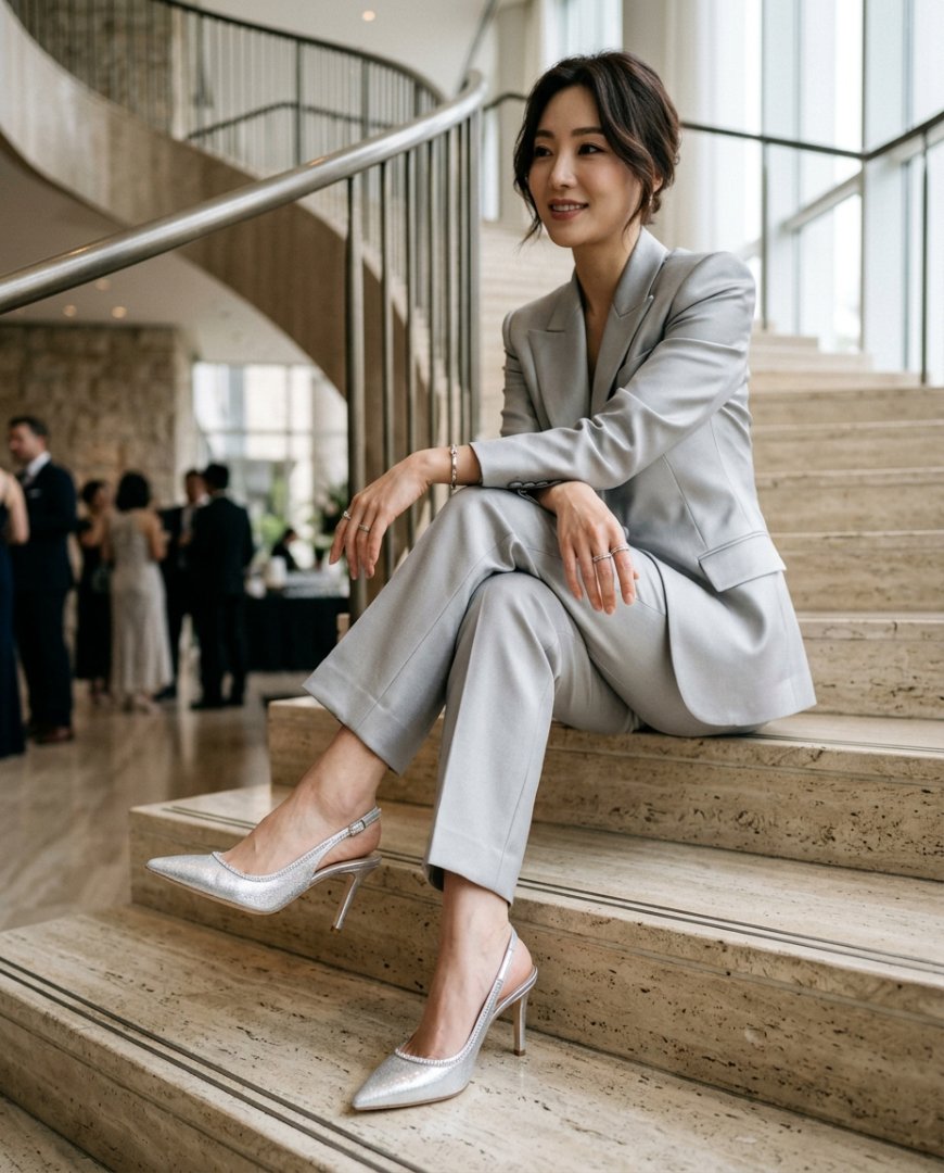포멀한 블랙 슬랙스와 블라우스에 매치된 슬링백을 든 여성