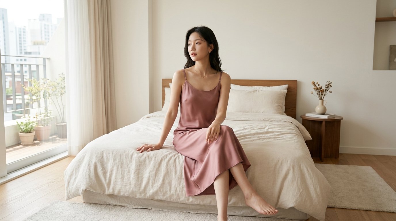 여러 슬립원피스가 걸린 패션 부티크 전경