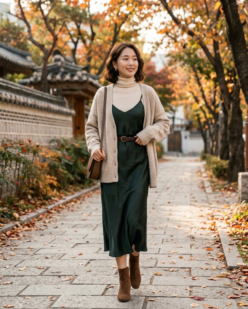 가을날 슬립원피스와 니트 스웨터를 레이어링한 여성