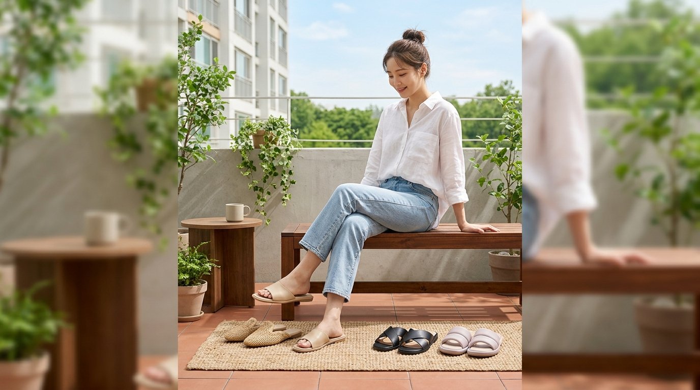 여성 슬리퍼들이 깔끔한 배경에 진열된 모습