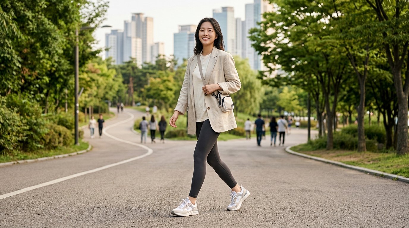 도시 거리에서 운동화를 신은 여성의 전신.
